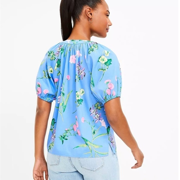 LOFT Garden Tie Neck Puff Sleeve Top Blue Size M - Picture 4 of 15